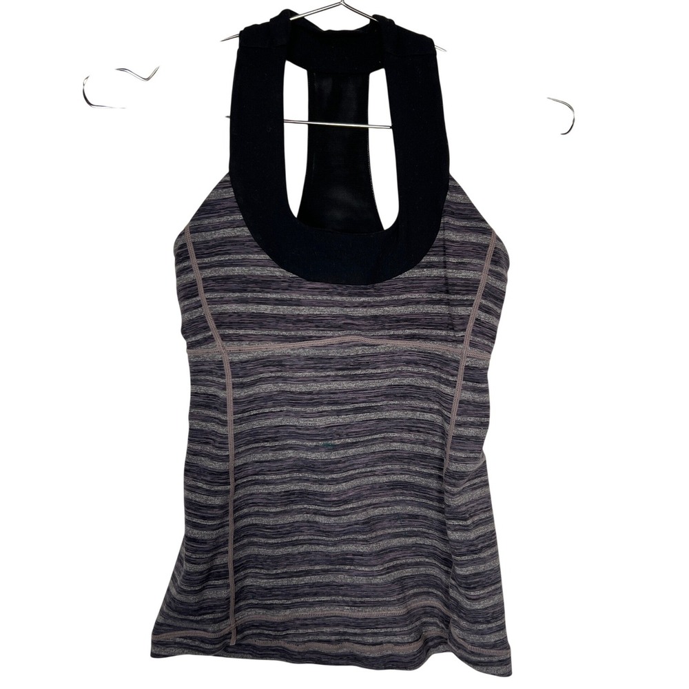 Lululemon Women's Racerback Tank Top Pink & Gray Striped Halter Yoga Top 4